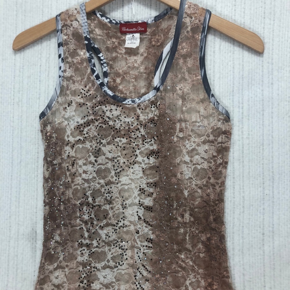 Panhandle Slim‎ Women's Large Brown Lace Sleeveless Tank Top Blouse Made in USA